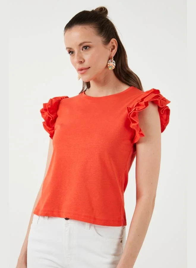 ليلا تيشيرت نسائي قطن ليلى بقصة ضيقة وياقة دائرية وأكمام مكشكشة